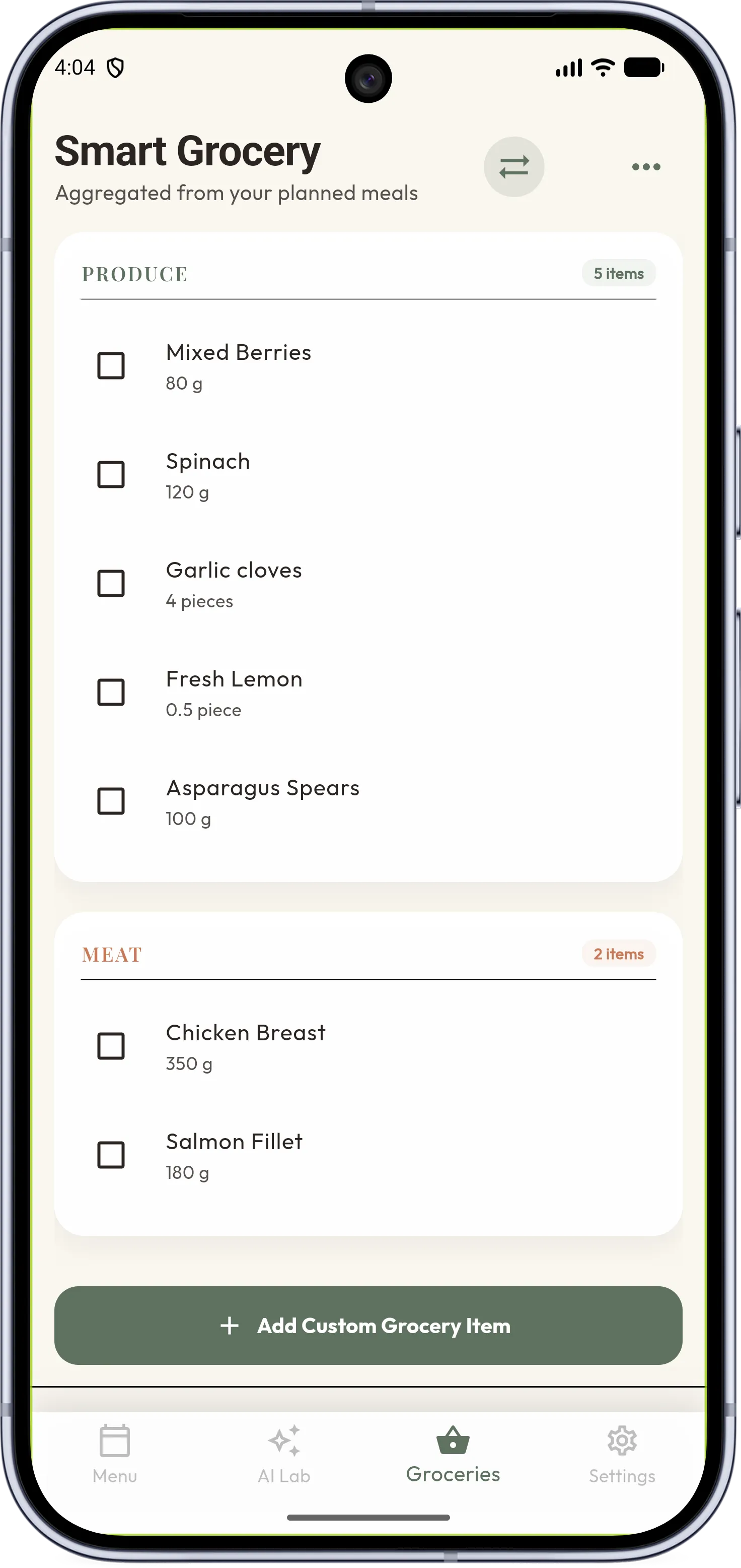 Mobile smartphone application interface demonstrating weekly meal calendar schedules and automated macronutrient goal bars