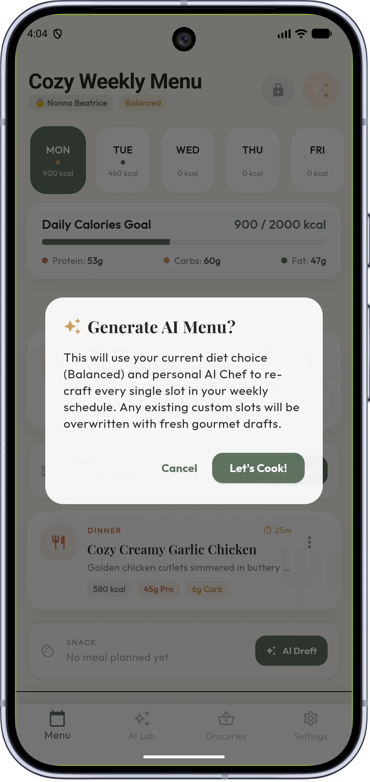 Application screen showing dynamic ingredient recipe generator from leftover refrigerator contents